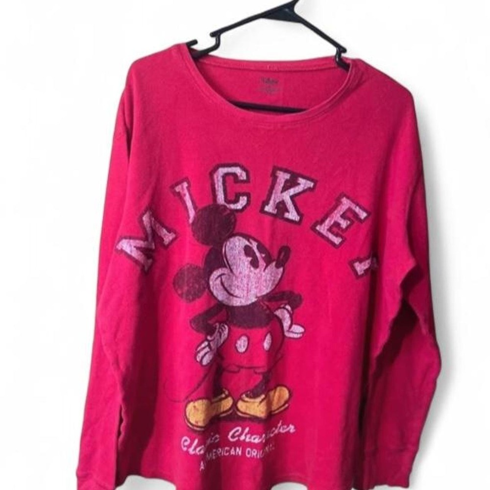 Disney Store Mickey Mouse Waffle Thermal Shirt Pink Red Distressed Women Large